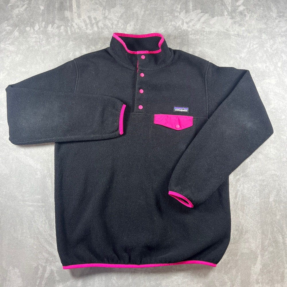 Patagonia Synchilla Snap-T Fleece Pullover Womens Large Black Pink Trim